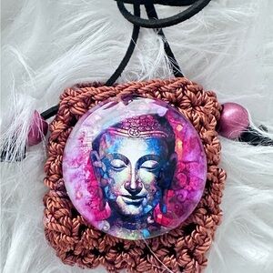 Hand Knits 2 Love Designer Crochet Necklace Buddha Sun Cabochons Spiritual Boho